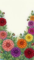 Colorful dahlia flowers in watercolor style framing a blank space, vibrant red, pink, orange, yellow and purple blooms with green leaves.