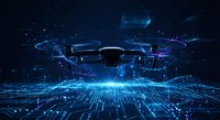 Futuristic drone flying over digital network landscape with glowing blue data streams and particle effects for technology and innovation concepts.