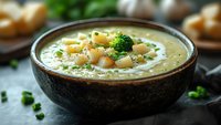 Creamy broccoli soup with chickpeas in rustic ceramic bowl, garnished with fresh herbs and croutons on dark background.