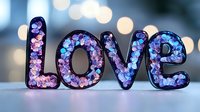 Word LOVE made of black letters filled with pink and blue hydrangea flowers on bokeh background, romantic decoration for wedding or Valentine's day celebration.