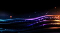 Glowing colorful waves with sparkles and light particles flow on dark background, creating dynamic motion effect with blue, purple and orange luminous lines.
