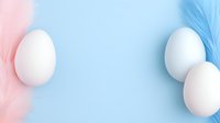 White eggs on pastel pink and blue background with soft feathers creating gentle composition, minimalist Easter or spring concept for design projects.