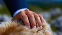 Close-up of gentle hand touching soft beige fur or fluffy textile surface against blurred natural background, showing tenderness and tactile sensation.