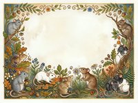 Woodland animals frame with rabbits, squirrels and mice among autumn foliage and flowers creating decorative border for invitations and cards.