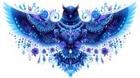 Mystical blue owl with ornate wings spread wide, decorated with glowing patterns and spiritual symbols. Perfect for tattoo designs, fantasy artwork, or spiritual merchandise.