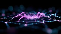 Glowing pink spider silhouette on dark background with bokeh lights and web details creates mysterious nocturnal atmosphere for Halloween and nature designs.