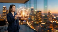 Professional businesswoman using digital justice scales interface in modern office with city skyline at sunset for legal technology concepts.