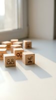 Wooden blocks with business icons including teamwork, growth, and gears arranged on white surface near window for corporate strategy and planning concepts.
