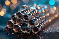 Stack of metallic cylindrical tubes with reflective surfaces creating bokeh light effects on dark blue background for industrial design concepts.
