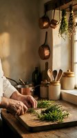 Elderly hands chopping fresh herbs on wooden cutting board in rustic farmhouse kitchen with copper pots and dried herbs hanging from wooden rack.