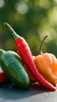 Fresh colorful chili peppers with water drops on dark surface, green bokeh background. Spicy jalapeno, red and orange hot peppers close-up.