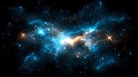 Stunning cosmic nebula with brilliant blue and orange stellar formations against deep space backdrop filled with twinkling stars and luminous gas clouds.