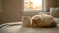 Fluffy orange tabby cat sleeping peacefully next to warm coffee mug on cozy knitted blanket by sunny window creating serene morning atmosphere at home.