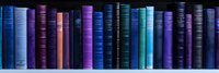 Row of vintage hardcover books arranged on wooden shelf, displaying various shades of blue, purple, and teal spines creating harmonious color gradient pattern.