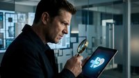 Focused businessman examining digital tablet with magnifying glass in modern office environment for detailed data analysis and investigation work.