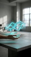 Hand holding glowing turquoise digital wave with DNA helix and data particles above concrete table in modern office space, representing innovation and technology.