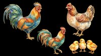 Watercolor farm birds set with rooster, hen, and chicks isolated on transparent background, ready for clipart, stickers, t-shirt design, and print on demand use.