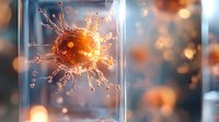 Orange glowing virus cell with spike proteins floating in blue microscopic environment, scientific visualization showing detailed pathogen structure.