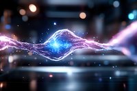 Glowing energy wave with electric plasma effect in blue and purple colors against dark background with bokeh lights and reflective surface.