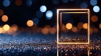 Glowing neon square frame on dark glitter surface with blurred bokeh lights background creating magical atmosphere for festive design projects.