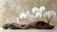White orchid flowers arranged on weathered driftwood against neutral textured background, suitable for home decor, spa, wellness, and botanical design projects.