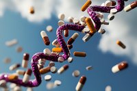 DNA strand surrounded by floating pharmaceutical capsules and pills against blue sky background, representing medical research and drug development.