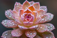 Pink succulent plant with morning dew drops on petals in macro photography, showing delicate details and water droplets on peach-colored rosette formation.