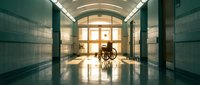 Empty wheelchair in hospital corridor with green tiles and bright lighting creating peaceful healthcare atmosphere for medical facility design.