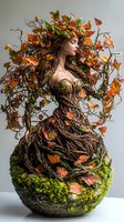 Mystical forest nymph emerging from moss-covered sphere, wearing dress made of twisted branches and autumn leaves, surrounded by fall foliage and natural elements.