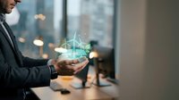 Businessman holding holographic wind turbines in hands showcasing renewable energy technology and sustainable business solutions in modern office environment.