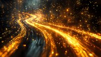 Glowing golden light trails curve through dark space with sparkling particles creating dynamic motion effect for technology and data flow concepts.