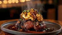 Juicy grilled beef tenderloin topped with roasted cauliflower florets in garlic butter sauce, served on dark plate with caramelized glaze and fresh herbs.