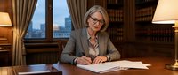 A mature woman with gray hair and glasses wearing a gray blazer sits at a wooden desk in a law office, writing on documents. Behind her are floor-to-ceiling bookshelves filled with law books, a desk lamp, and large windows overlooking a city skyline at dusk. The setting conveys professionalism, authority, and legal expertise.