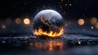 Burning planet Earth sphere with glowing fire effects and sparks against dark background, dramatic climate change concept showing environmental crisis.