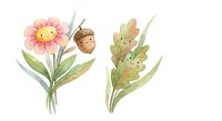 Watercolor spring flowers with smiling faces and acorns isolated on white background for children's design and educational materials.