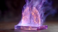Glowing anatomical lungs emerging from crystal base with purple smoke effects against dark background, medical science concept visualization.