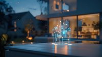Glowing holographic smart city model on table at dusk, with modern house and illuminated windows in background. Futuristic urban planning concept.