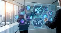 Business professionals analyzing digital analytics dashboard with hexagonal interface displaying charts, graphs and global data metrics in modern office.