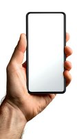 Hand holding modern smartphone with blank white screen isolated on white background, perfect for app or website mockup.