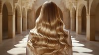 Young woman with long blonde wavy hair standing in ancient stone corridor with arches and dramatic lighting, view from behind, hair styling and beauty concept.