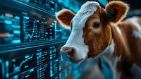 Brown and white cow head against digital financial market data visualization background with blue glowing charts and graphs for agricultural technology concept.