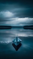 Paper boat floating on calm lake surface with dramatic stormy clouds and forest silhouettes reflecting in dark turquoise water. Moody atmospheric scene.
