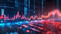 Financial market data visualization showing red and blue glowing charts, graphs and trading indicators on dark background with grid pattern.