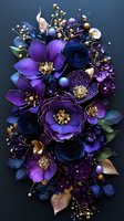 Luxurious floral arrangement featuring deep purple and navy blue blooms with gold accents on dark background, decorated with pearls and crystal elements.