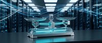 Futuristic holographic scale of justice floating above digital platform in modern data center with glowing network connections and server racks background.
