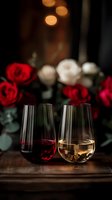 Red and white wine glasses on wooden table with romantic red roses and bokeh lights in background, creating intimate Valentine's Day or anniversary atmosphere.