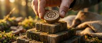Hands placing ornate wooden coin on stacked rustic wood blocks in golden sunlight, symbolizing investment growth and financial success in natural setting.