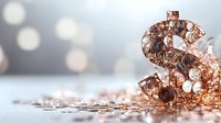 Rose gold dollar symbol with glitter and sparkles on light blurred bokeh background, luxury financial concept for wealth management and investment success.