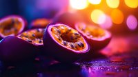 Fresh passion fruit halves with vibrant bokeh lights in background, dramatic macro photography showing juicy pulp and seeds in purple ambient lighting.