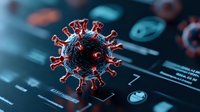 Microscopic view of red glowing virus cell floating over digital medical interface with data visualization and healthcare analytics background.